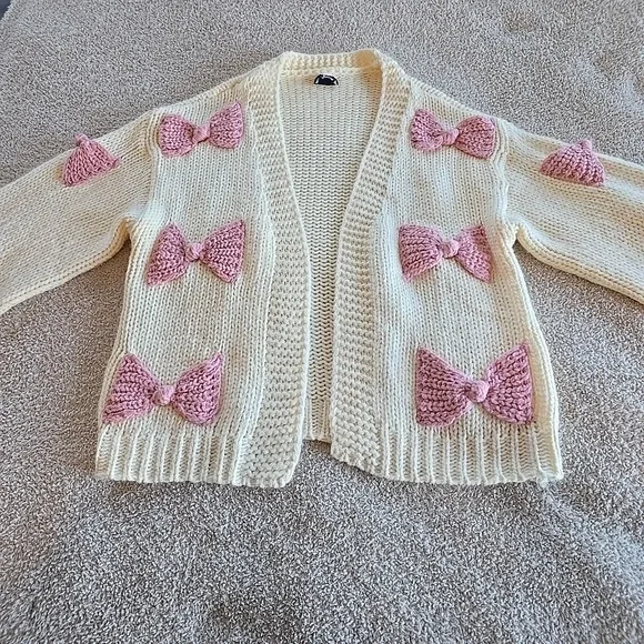 Arula Pink‎ 3D Bow Cream Open Cardigan Chunky-knit Boho Cottagecore Size X (XL) - Picture 10 of 13
